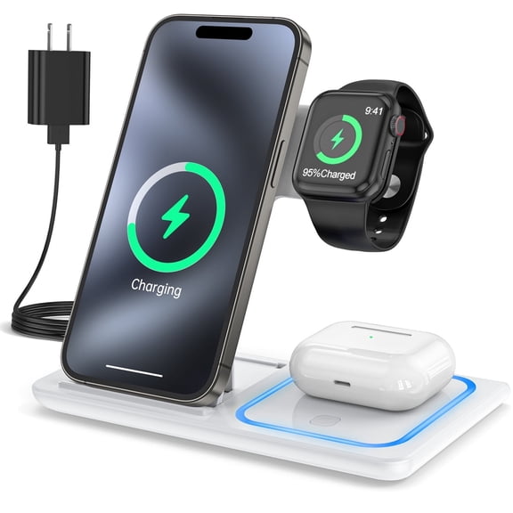 Cshidworld Wireless Charger, 3 in 1 Fast Wireless Charging Station Compatible with iPhone 16/15/14/13/12/11 Pro Max/XS, Apple Watch 10/9/8/7/6/5/4, AirPods 4/3/2, Samsung Galaxy(with Adapter)