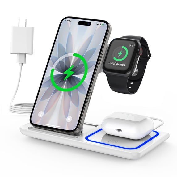 Cshidworld Wireless Charger, 3 in 1 Fast Wireless Charging Station Compatible with iPhone 16/15/14/13/12/11 Pro Max/XS, Apple Watch 10/9/8/7/6/5/4, AirPods 4/3/2, Samsung Galaxy(with Adapter)