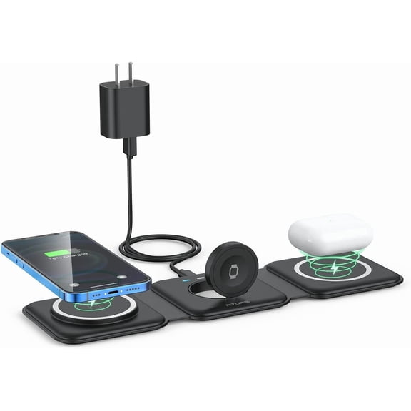 Wireless Charger 3 in 1, Magnetic Traval Wireless Charging Station GaN Compatible with Magsafe Multiple Devices for iphone17/16/15/14/13/Pro/Max,iWatch,AirPods4/3/2/Pro(Adapter Includes)