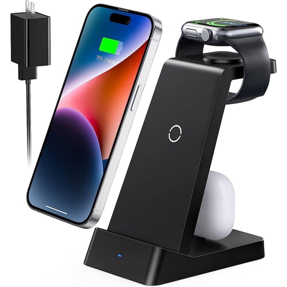 Wireless Charger,3 in 1 Wireless Charger for iPhone,18W Fast Charger Pad Stand for Apple iWatch Series SE 8/7/6/5/4/3 Airpods Pro/3/2 and iPhone 15/14/13/12 /11/Pro Max/12 Mini /XR (with Adapter)