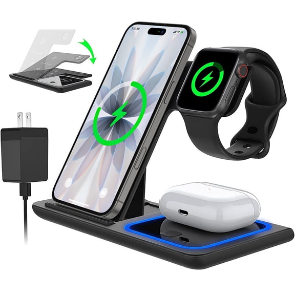 Cshidworld Wireless Charger, 3 in 1 Wireless Charging Station, 18W Fast Charging Stand for iPhone 16/15/14/13/12/11Pro/Pro Max, XR XS 8 Plus, for Apple Watch 9 8 7 6 SE 5 4, AirPods 3 2 With Adapter