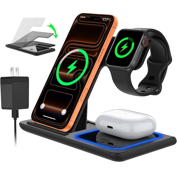 Cshidworld 18W Fast Wireless Charger, 3 in 1 Wireless Charging Station, Charging Stand for iPhone 17/16/15/14/13/12/11Pro/Pro Max, XR XS, for Apple Watch 9 8 7 6 SE 5 4, AirPods 3 2 With Adapter