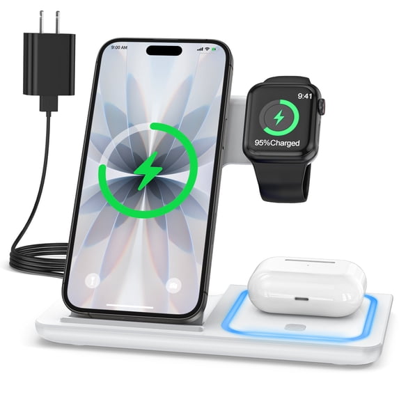 Wireless Charger, 3 in 1 Wireless Charging Station Dock with Breathing Indicator, Fast Charging Stand Compatible with IPhone 17/16/15/14/13/12/11 Pro Max/XS, iWatch 10/9/8/7/6/5/4, AirPods 4/3/2/Pro
