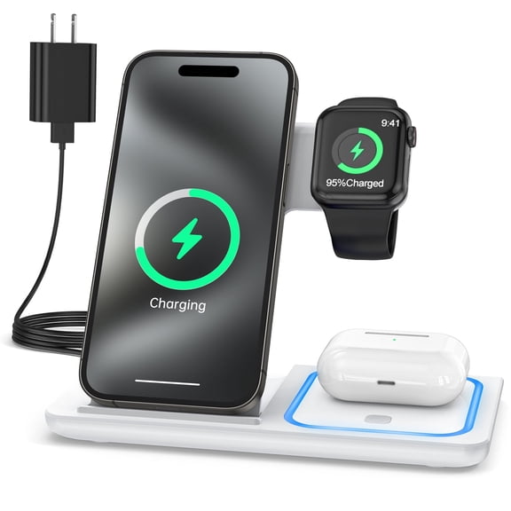 Wireless Charger, 3 in 1 Wireless Charging Station Dock with Breathing Indicator, Fast Charging Stand Compatible with IPhone 17/16/15/14/13/12/11 Pro Max/XS, iWatch 10/9/8/7/6/5/4, AirPods 4/3/2/Pro