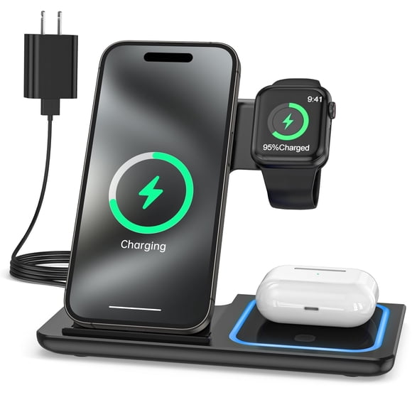 Wireless Charger, 3 in 1 Wireless Charging Station, Fast Charging Dock for iPhone 17/16/15/14/13/12/11/Pro/xs/sr/x/Galaxy, 15W Wireless Charger Stand for Apple Watch Series 10/9/8/7/6/5/4/3/AirPods
