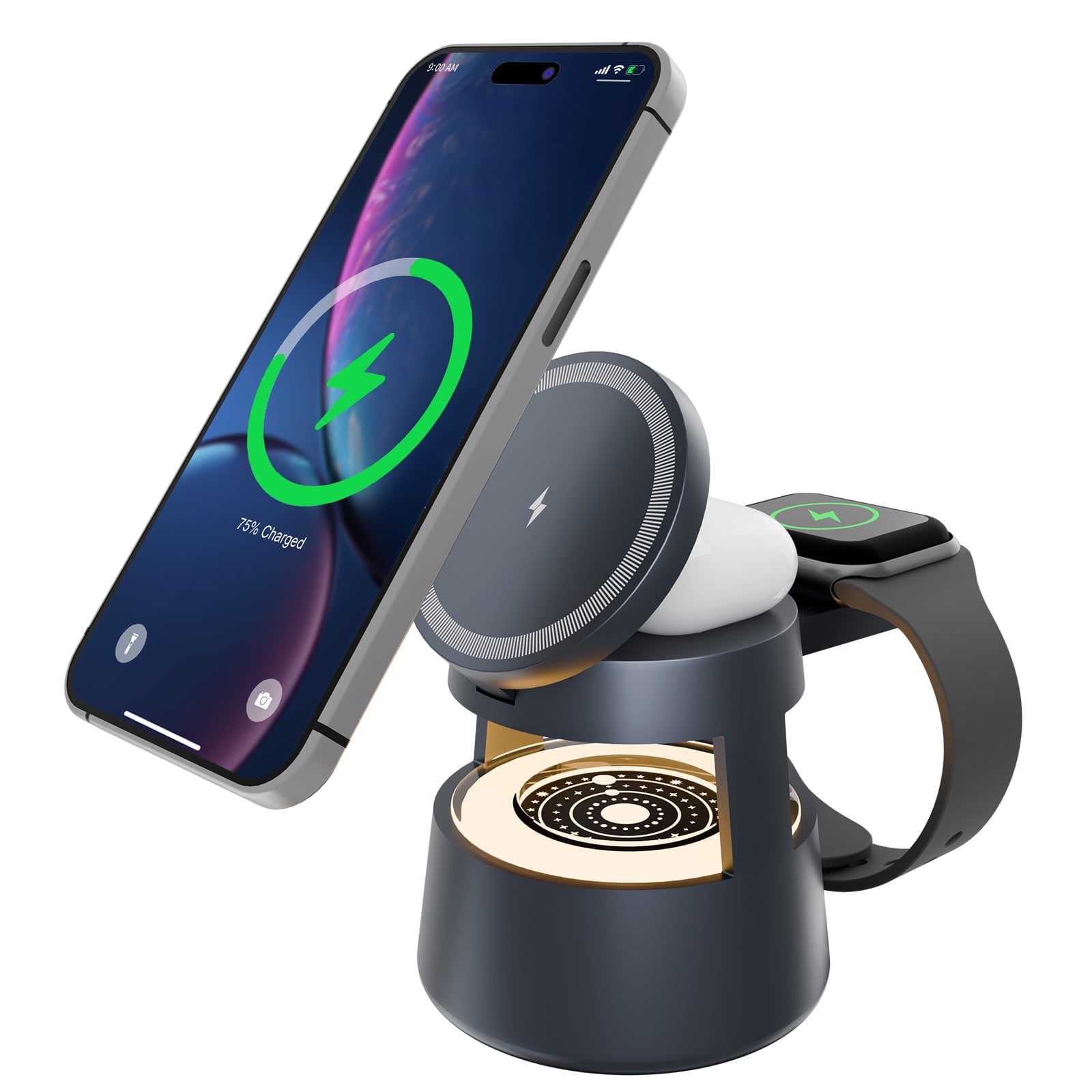 4 in 1 Wireless Charging Station, 15W Fast Charging Wireless Charger for iPhone AirPods iWatch with MagSafe and Mushroom Light, Compatible with iPhone 8 and above Series