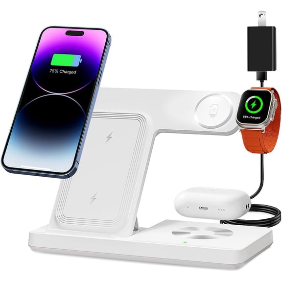 Wireless Charger, 3 in 1 Charging Station for Multi Devices, Stand Dock iPhone 8-16 Series, Watch, AirPods Pro 2 with Adapter (White)