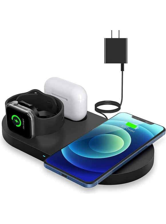 Wireless Charger,3 in 1 Wireless Charger for ,Fast Charging Station for Multiple Devices Compatible with //iPod ,Black (with Adapter)