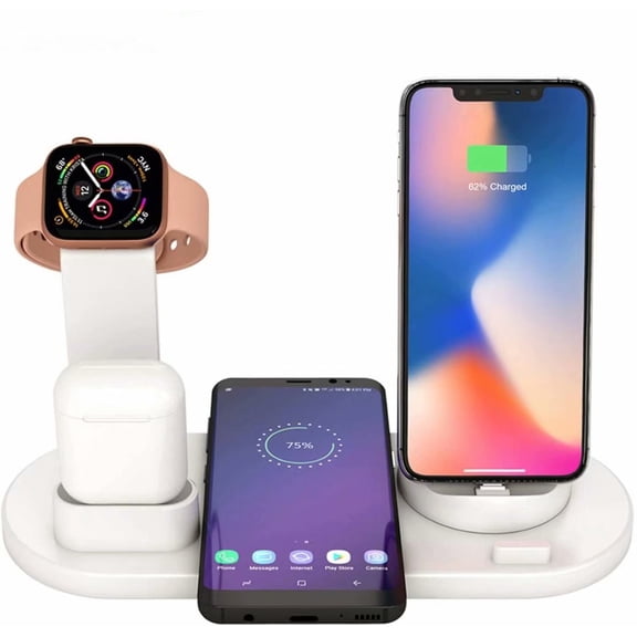 Wireless Charger,4 in 1 Wireless Charger Stand,Charging Station for Multiple Devices,Qi Fast Wireless Charging Dock Compatible for iWatch 6/SE/5/4,Airpods Pro/2,iPhone 12/11/Xs/XR/X/8 (White)