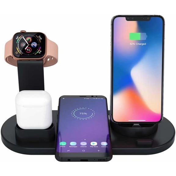 Wireless Charger,4 in 1 Wireless Charger Stand,Charging Station for Multiple Devices,Qi Fast Wireless Charging Dock Compatible for iWatch 6/SE/5/4,Airpods Pro/2,iPhone 12/11/Xs/XR/X/8 (Black)