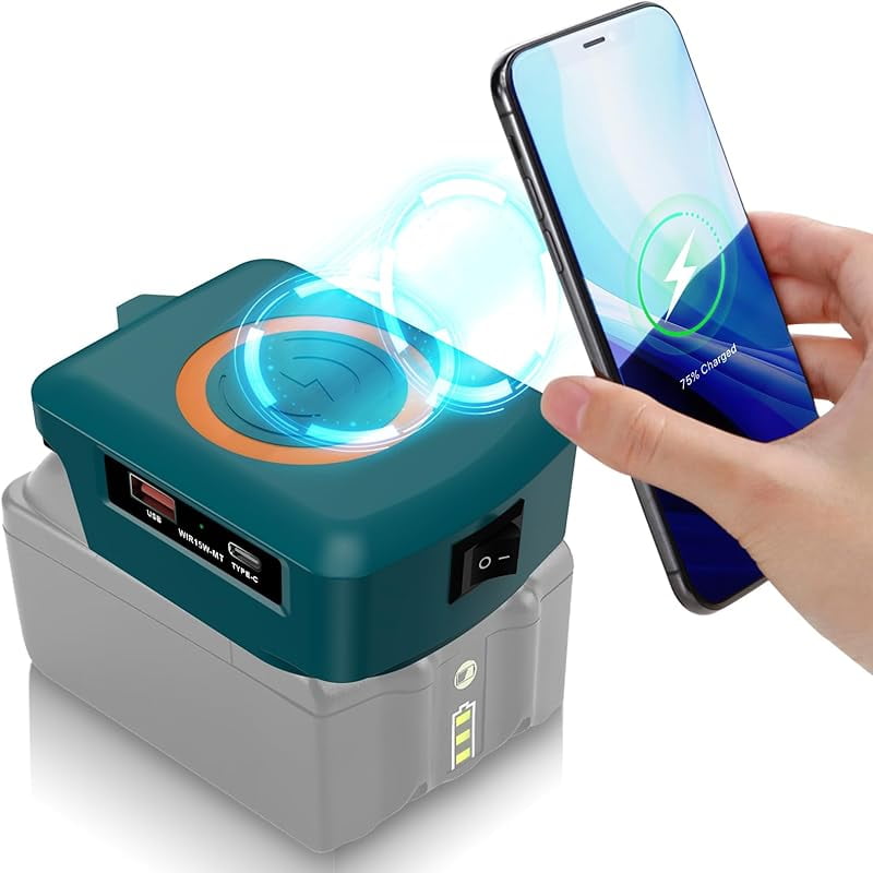 Wireless Charger Adapter,for Bos*ch 18V Battery,15W Max Wireless Charging Adapter for iPhone for Cell Phone,with USB-A&USB-C 2.1A Fast Charge Ports,Wireless Chargers Using Tool Battery