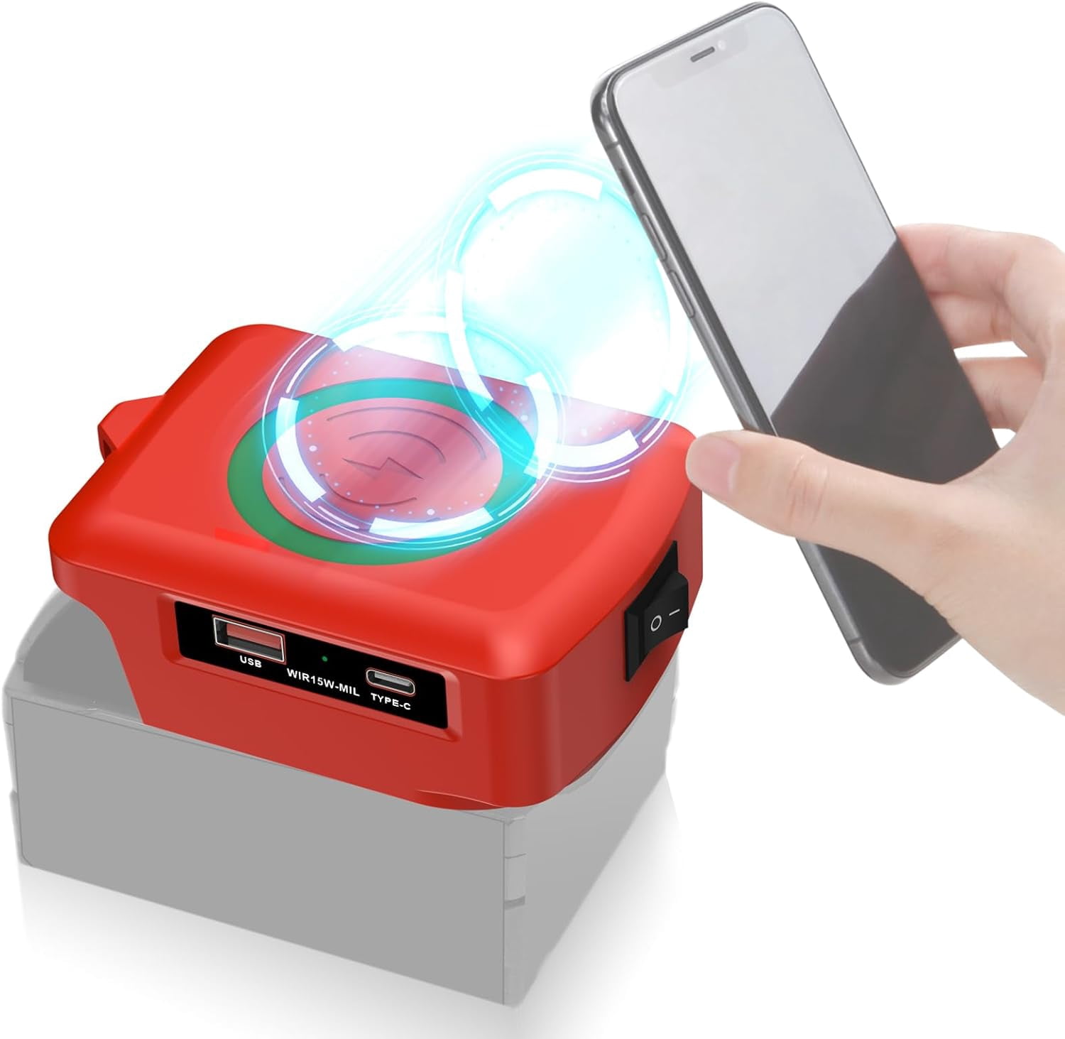 Wireless Charger Adapter,for  Ein*hell 18V Battery,15W Max Wireless Charging Adapter for iPhone for Cell Phone,with USB-A&USB-C 2.1A Fast Charge Ports,Wireless Chargers Using Tool Battery