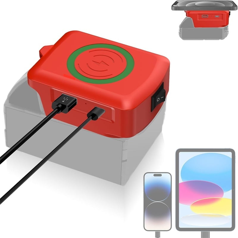 Wireless Charger Adapter,for Mil*wau*kee 18V M18 Battery,15W Max Wireless Charging Adapter for iPhone for Cell Phone,with USB-A&USB-C 2.1A Fast Charge Ports,Wireless Chargers Using Tool Battery