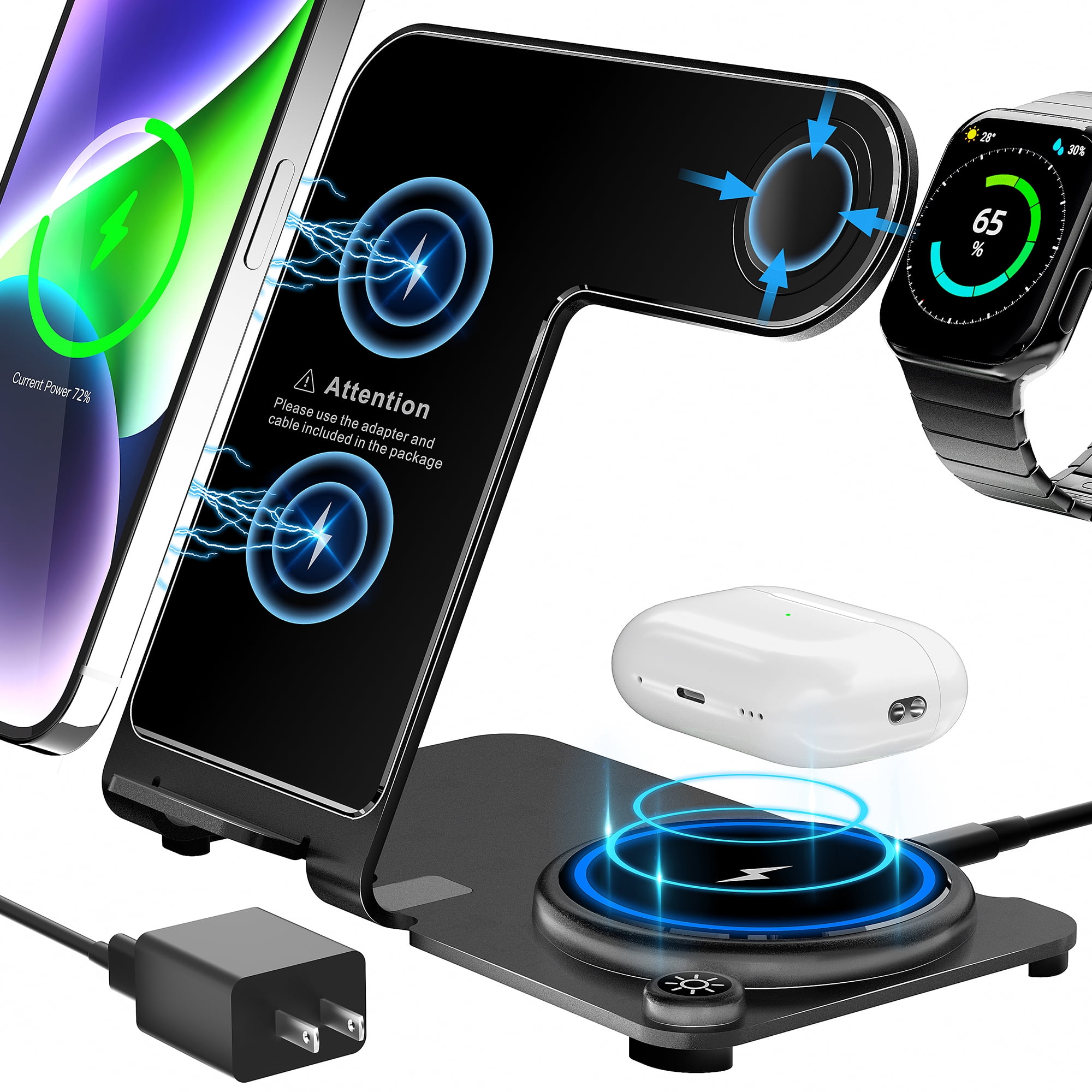 Wireless Charger, Aluminum Alloy 3 in 1 Wireless Charging Station for Apple iPhone/iWatch/Airpods,iPhone 14,13,12,11 (Pro, ProMax)/XS/XR/XS/X/8(Plus),iWatch8/7/6/SE/5/4/3/2,AirPods 3/2/pro