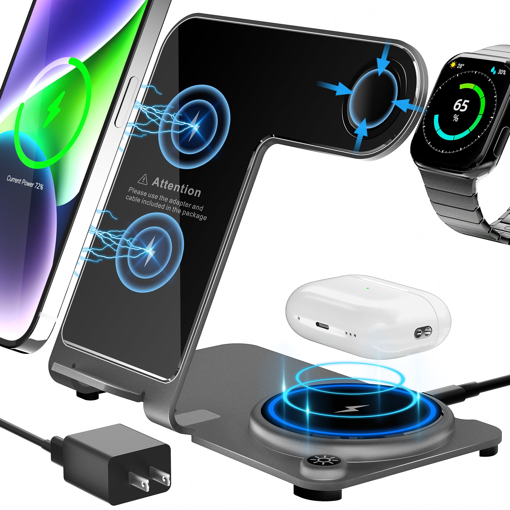 Wireless Charger, Aluminum Alloy 3 in 1 Wireless Charging Station for Apple iPhone/iWatch/Airpods,iPhone 14,13,12,11 (Pro, ProMax)/XS/XR/XS/X/8(Plus),iWatch8/7/6/SE/5/4/3/2,AirPods 3/2/pro