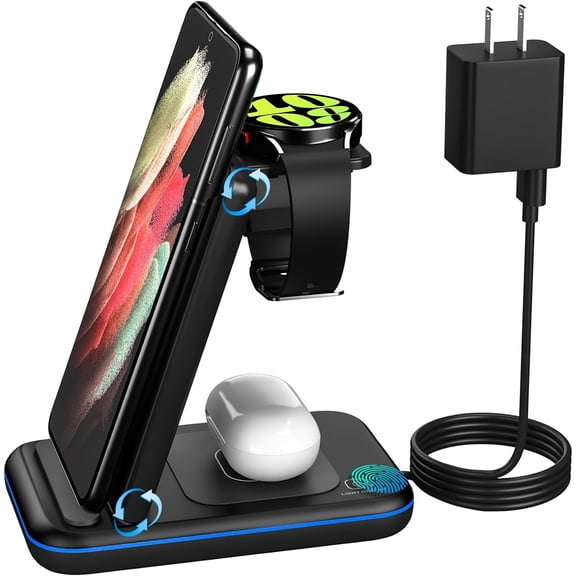 Wireless Charger for /Android, Foldable 3 in 1 Fast Charging Station/Stand/Multi S25 Ultra/S24/Note 20, Travel Pad Galaxy Watch 8/7/6/5/Active 2, For Buds(Black)