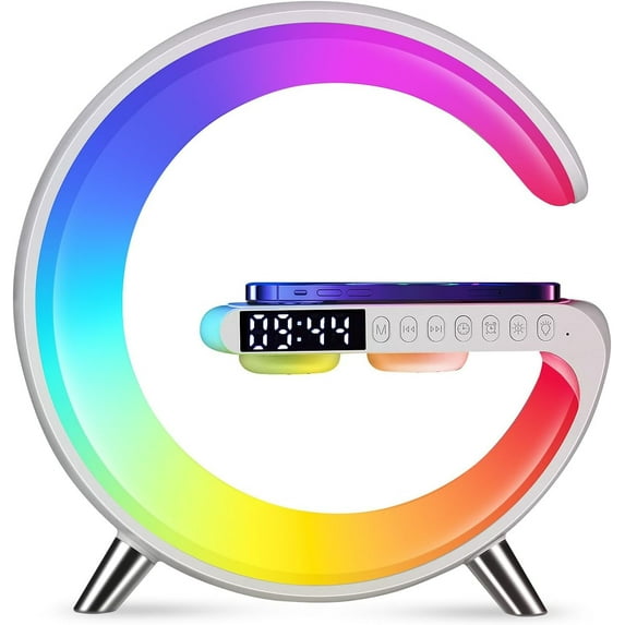 Wireless Charger Atmosphere Lamp, 2023 New Intelligent LED Table Lamp, Bluetooth Speaker, Dimmable Night Light Touch Lamp Alarm Clock with Music Sync, App Control for Bedroom Home Decor (White)