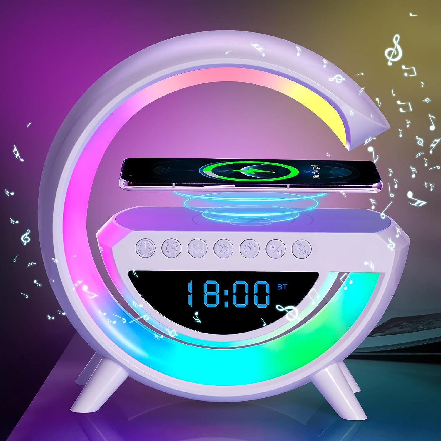 Wireless Charger Atmosphere Lamp with Bluetooth Speaker Alarm Clock Night Light 15W Wireless Charger Speaker for Bedside Lamp Desk Clock Sound Machine Ambient Lighting for Christmas Gifts