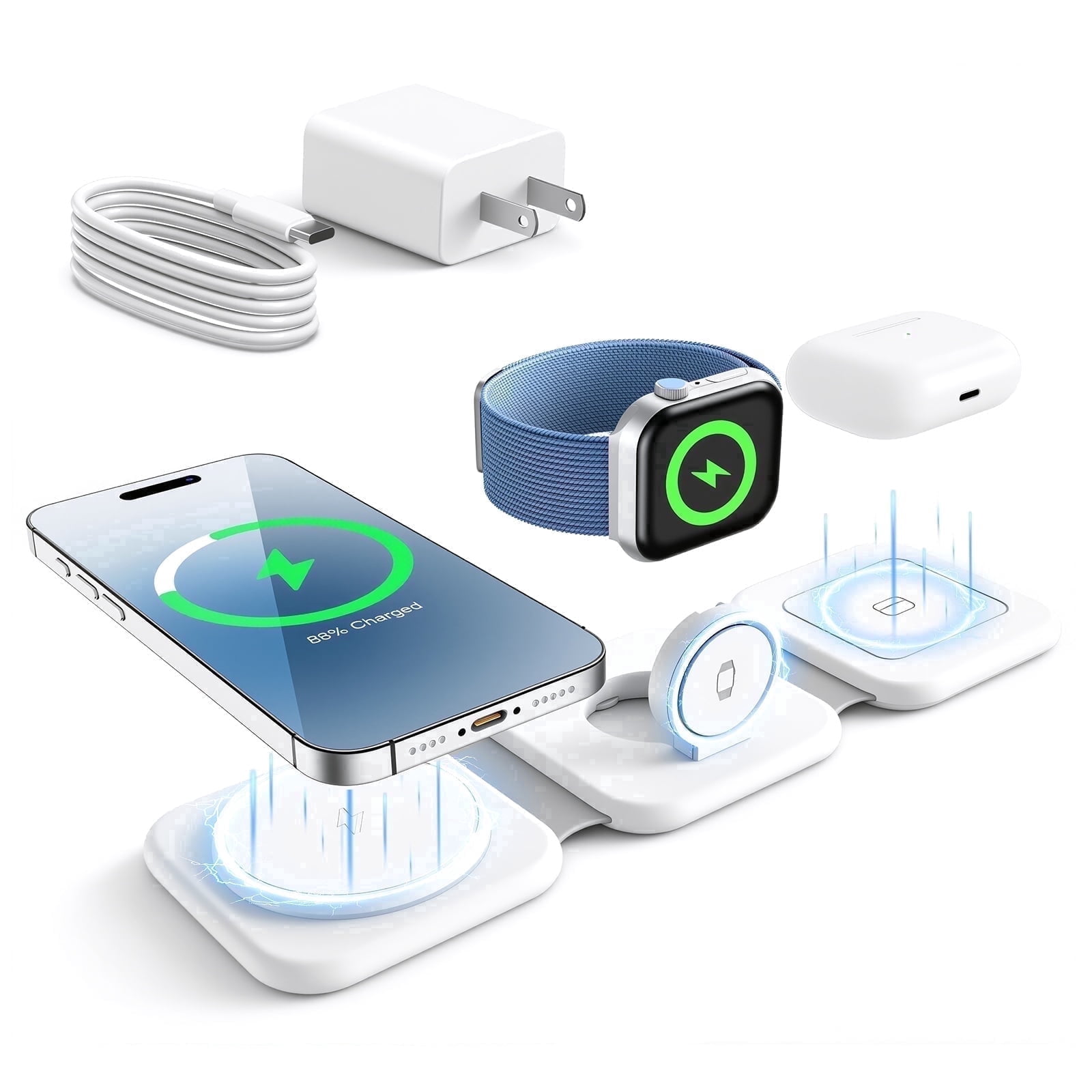 Wireless Charger, Charging Station for iPhone 17 16 15 14 13 12 , 18W Fodable Charging Pad for iWatch Series, 3 in 1 Magnetic Charger for AirPods 4 3 2, White