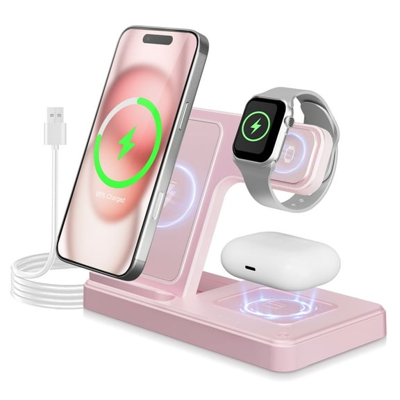 Wireless Charger, Charging station Compatible with iPhone 16 15 14 13 12 11 Pro Max Plus XS XR X 8, for iWatch 9 8 7 6 5 4 3 2 SE, for AirPods 3 2 Pro, 3 in 1 Charging Station, Pink, No Adapter
