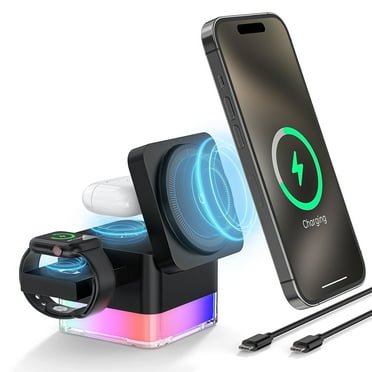 Wireless Charger, Cshidworld 3 in 1 Cube iPhone Wireless Charger Stand, 15W Fast Charging Station, Foldable Wireless Charging Dock for iPhone 16/15/14/13/12, iWatch S2-10/Ultra, AirPods 2/3/4/Pro