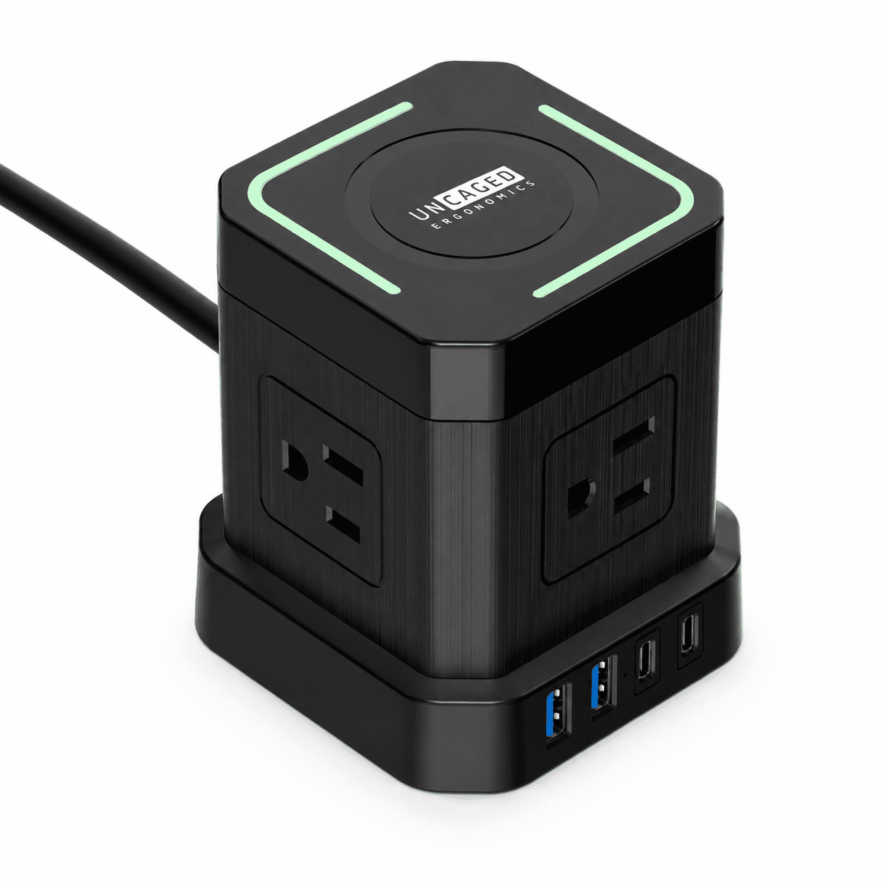 Wireless Cube Power Strip Surge Protector with 15W Qi Charger, 4 AC, 2 USB-C, 2 USB-A, 10 Ft Cord, Black