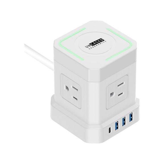 Wireless Charger Cube Power Strip with USB Ports 10ft Extension Cord, 4 AC Outlets + 3 USB + 1 Fast-Charging USB-C, 15W Wireless Charging, Surge Protection & Mountable On/Off Switch