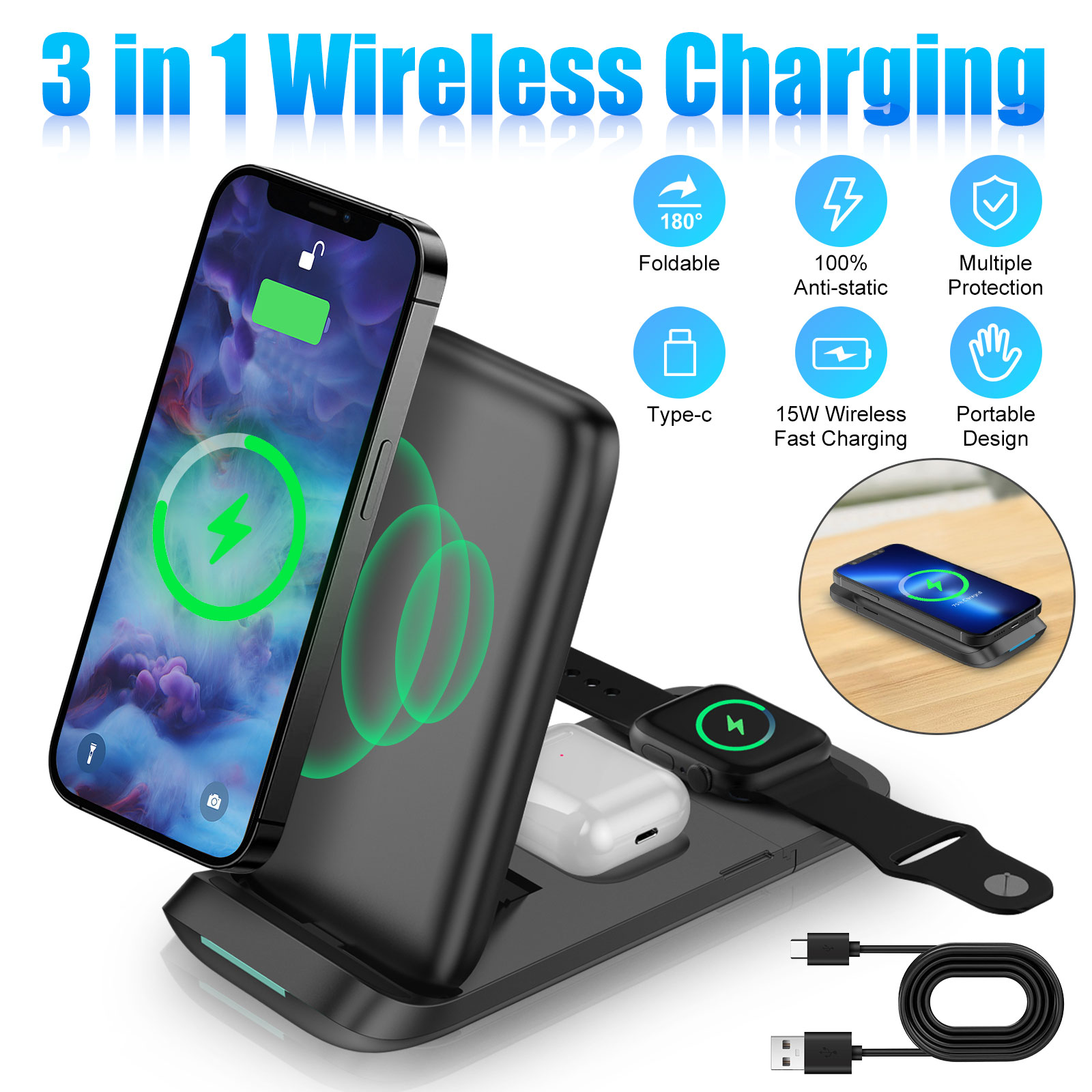 Wireless Charger, EEEkit 3in1 Foldable Fast Wireless Charging Station