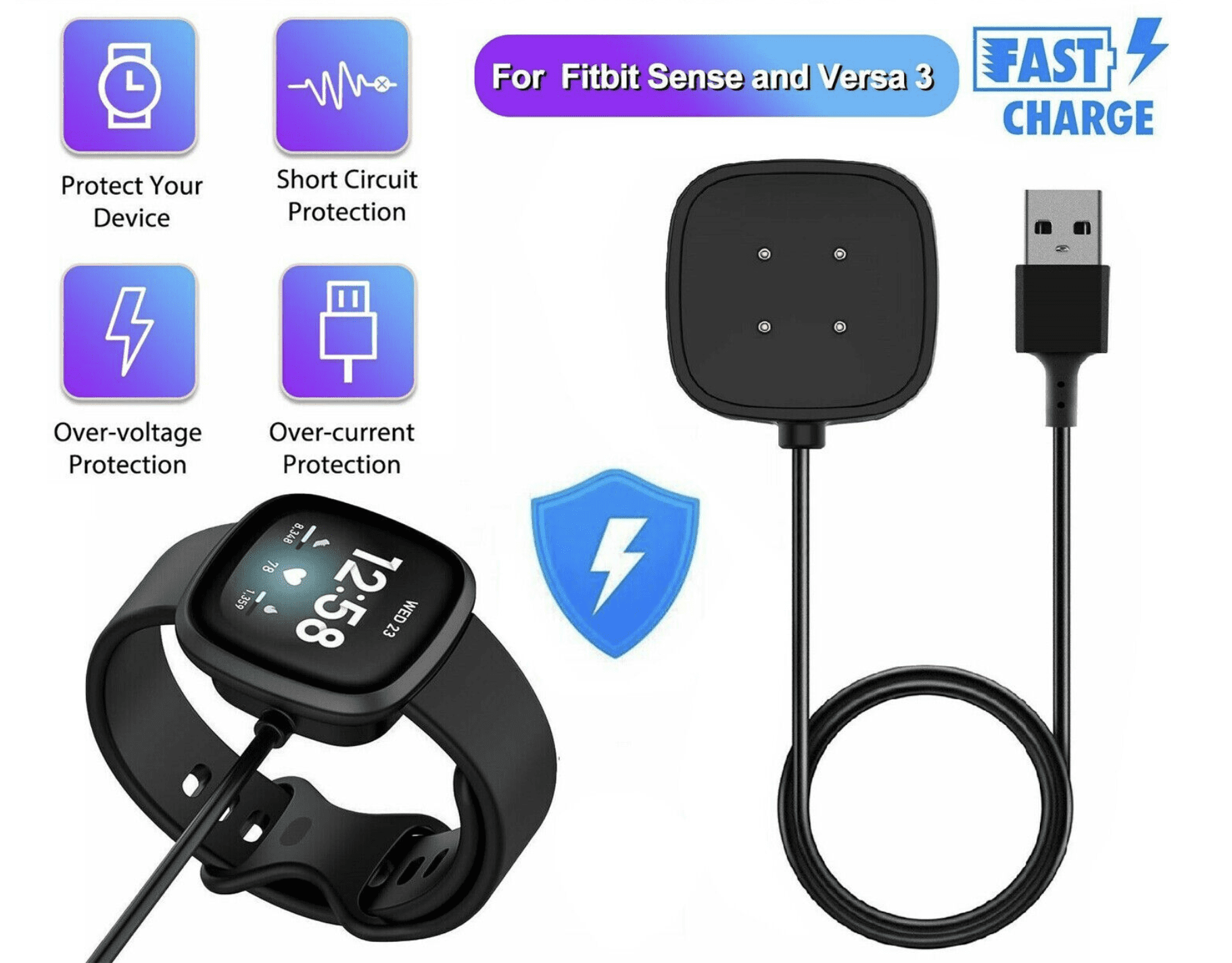 Wireless Charger For Fitbit Sense / Versa 3 Watch USB Fast Charging ...