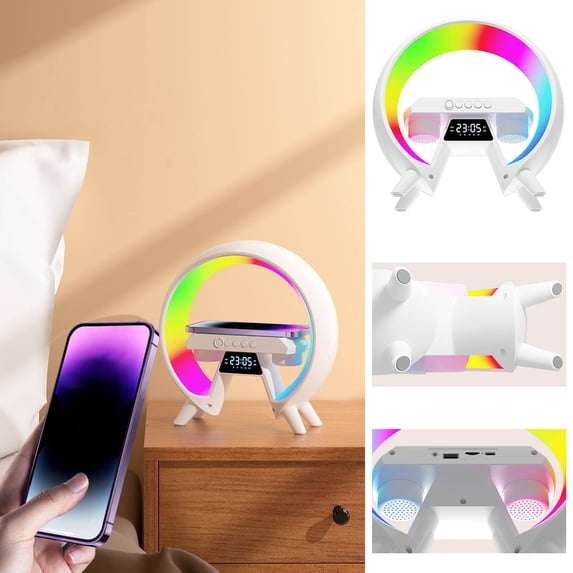 Wireless Charger Lamp Bluetooth Speaker Clock | 15W Fast Charging | Dimmable Multi-Color LED | Sunrise | APP Control | USB Powered | Desk Bedside Home | 236x236x80mm