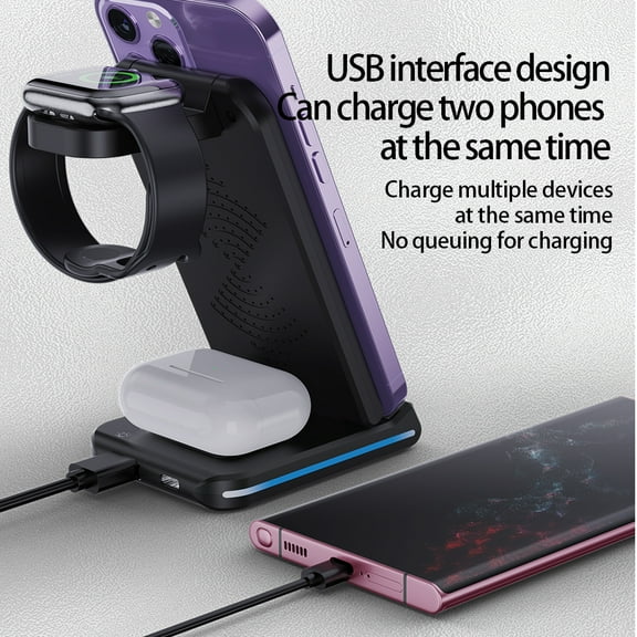 Wireless Charger for MagSafe, 5-in-1 Portable Travel Charging Station with Night Light, USB Connectivity, and 15W Fast Foldable Magnetic Stand, for Apple Series.