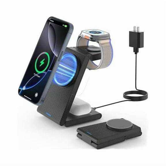 Wireless Charger Magnetic for Apple Devices - 3 in 1 Foldable Charging Station for Magsafe Compatible with iPhone 16 15 14 13 12 Pro Max Plus, Apple Watch 10 9 8 7 6 5 4 SE, AirPods 4/3/2/Pro