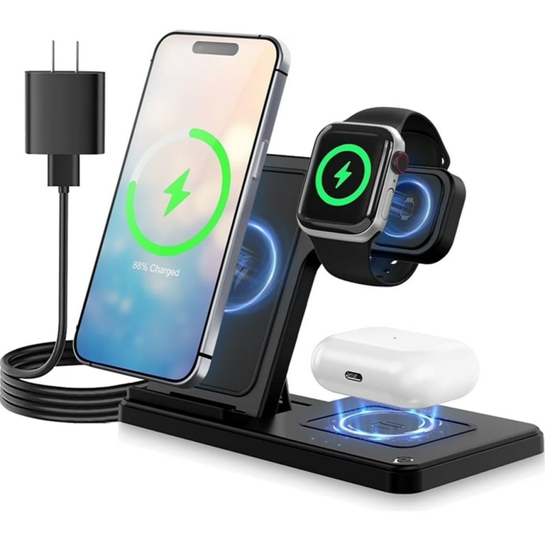 Wireless Charger, 15W QC 3.0 Magnetic Fast Charging Stand for iPhone 15 14 13 12 11 Pro Max/Plus/XS/XR/X/8, for Apple Watch 9/8/7/6/5/4/3/2/SE, for AirPods 3/2/Pro, 3 in 1 Wireless Charging Station