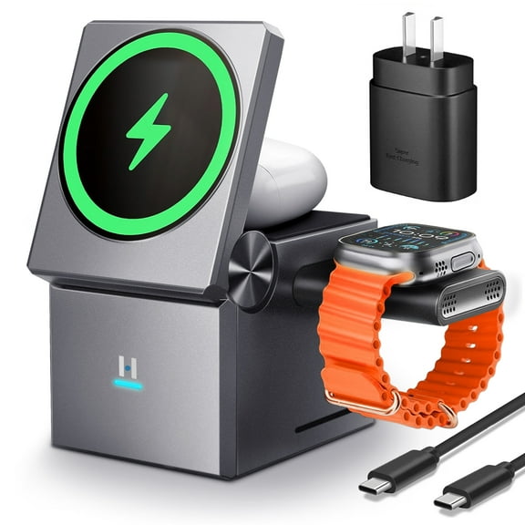 Wireless Charger Magsafe, Wireless Charger Station Support with QC 3.0 25W Charging Adapter,Fast Charging for iPhone 16/15/14/13/12, Airpods 4/3/2/Pro