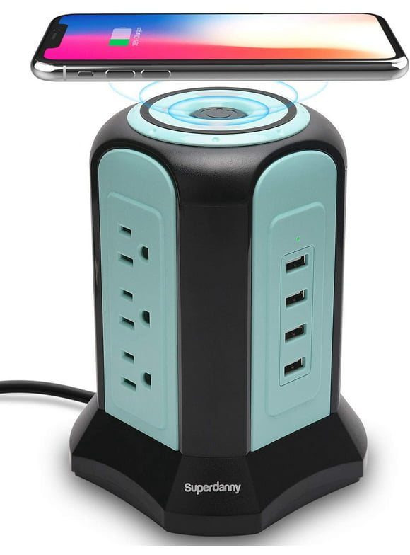 Wireless Charger Power Strip Tower Surge Protector with 9 Outlets 10ft Extension Cord 4 USB Fast Charging Station Blue