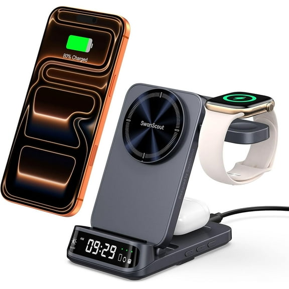Wireless Charger Stand Compatible with MagSafe, SWTSWT 708M, Foldable 3 in 1 Magnetic Wireless Charging Station for iPhone Air/17/16/15 Series, Travel Charger for Apple Watch, AirPods (No Adapter)