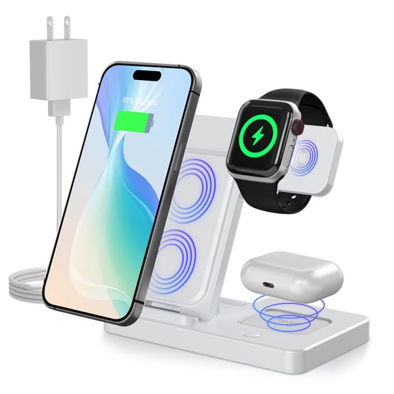 Wireless Charger Station, 15W Wireless Charging Stand for iPhone 16 15 14 13 12 11 Pro Max Plus XS XR SE X 8,Charger Stand for Apple Watch Series & Air pods 4 3 2 Pro, 3 in 1 Fast Charger White