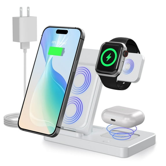 Wireless Charger Station, 15W Wireless Charging Stand for iPhone 16 15 14 13 12 11 Pro Max Plus XS XR SE X 8,Charger Stand for Apple Watch Series & Air pods 4 3 2 Pro, 3 in 1 Fast Charger White