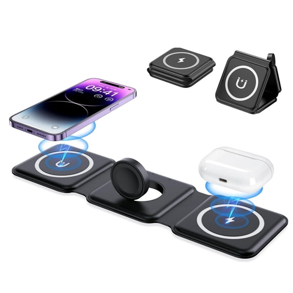 CGBCFO Wireless Charging Station 3-in-1 for iPhone 8-16, AirPods, Apple Watch, Foldable Design, Black