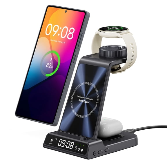 SwanScout 3 in 1 Wireless Charging Station for Garmin Watch Vivoactive 5/Forerunner 55/Instinct/Fenix/Epix 2, Charger Stand for Galaxy S25/S24/S23, for iPhone 17/16/15, for AirPods