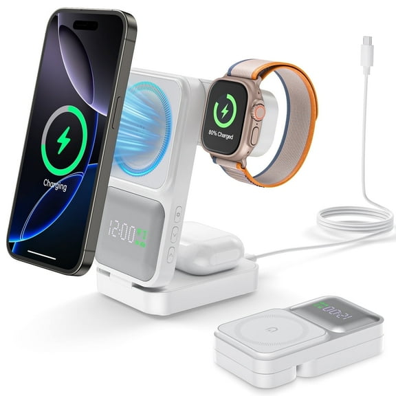 Cshidworld 3-in-1 Magnetic Wireless Charger, 15W Fast Charging Station for iPhone 17/16/15/14/13/12 Pro Max Series - Foldable Charger Stand for iWatch Series 2-11 & AirPods 2 3 4 Pro (White)