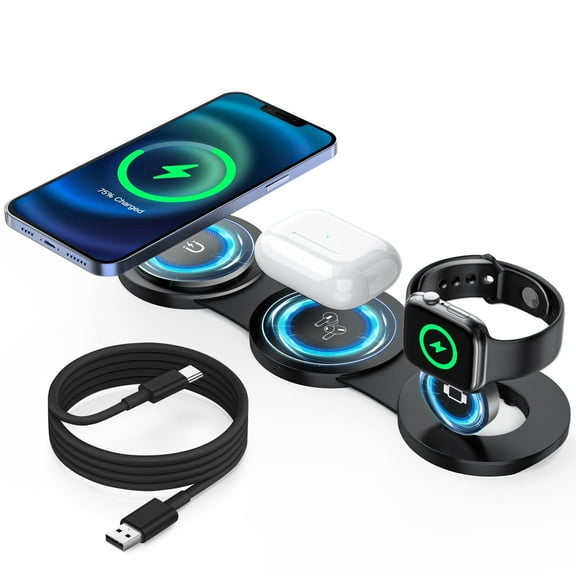 Cshidworld Wireless Charger for iPhone, 3 in 1 Charging Station for Apple Devices, Travel Magnetic Charger Stand for iPhone 17 16 15 14 13 12 Pro Max, AirPods 4/3/2/Pro, Apple Watch 3-10