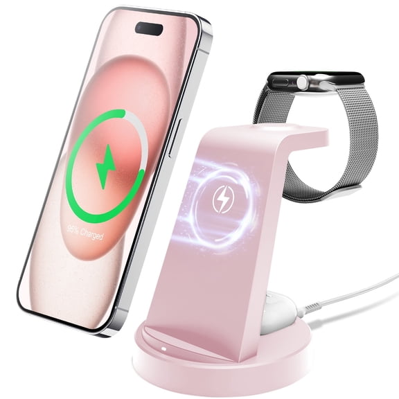 Wireless Charger for iPhone, 3 in 1 Charging Station Compatible with iPhone 17 to 12, Compatible with iWatch Series, Compatible with Airpods 4 3 2 Pro, Pink