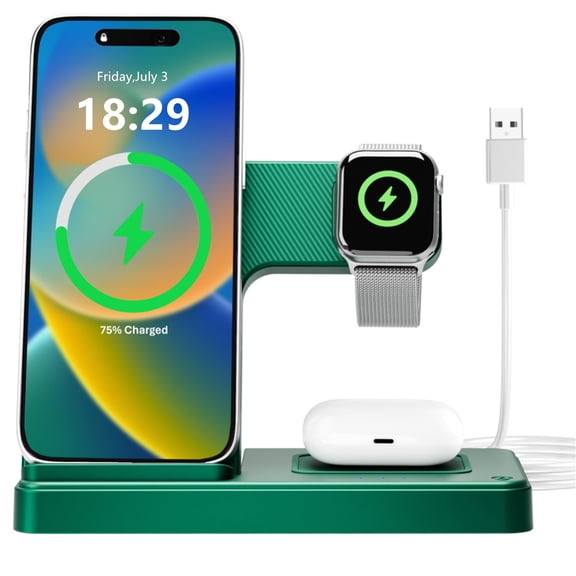 Wireless Charger for iPhone,3 in 1 Wireless Charging Station for iPhone 17 16 15 14 13 12 11 Pro Max Plus XS XR X 8,for iWatch 9 8 7 6 5 4 3 2 SE,for AirPods 3 2 Pro,Green,No Adapter