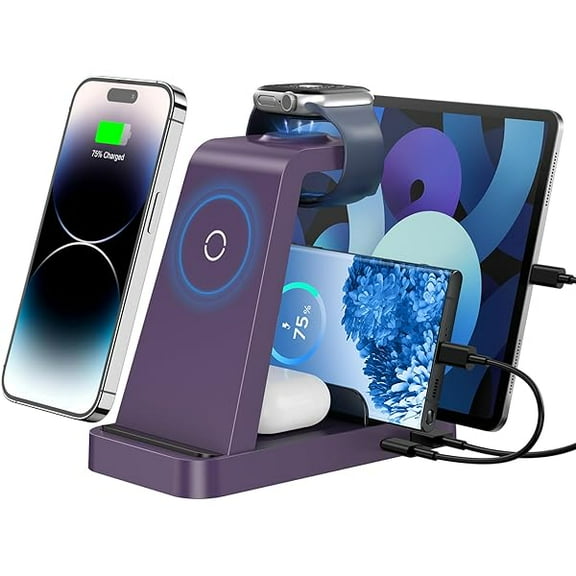 Wireless Charger for iPhone - 5 in 1 Charging Station for Multiple Devices Apple: Fast Wireless Charging Stand Dock for iPhone 16e 16 15 14 13 12 Pro Max Apple Watch Airpods (Purple)