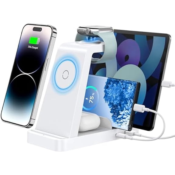 Wireless Charger for iPhone - 5 in 1 Charging Station for Multiple Devices Apple: Fast Wireless Charging Stand Dock for iPhone 17 16e 16 15 14 13 12 Pro Max Apple Watch Airpods(White)