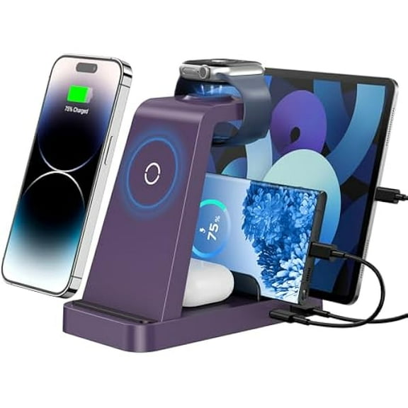 Wireless Charger for iPhone - 5 in 1 Charging Station for Multiple Devices Apple: Fast Wireless Charging Stand Dock for iPhone 17 16e 16 15 14 13 12 Pro Max Apple Watch Airpods (Purple)
