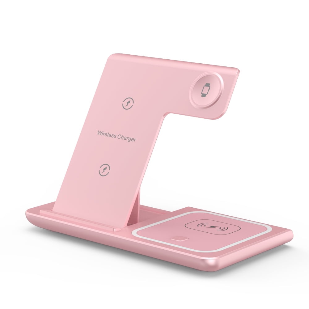 Wireless Charger,iPhone Charging Station for iPhone 16/15/14/13/12/11/Pro Max/Plus, 3 in 1 Wireless Charging Stand for iWatch SE 10/9/8/7/6/5/4/3, Airpods Pro/3/2 Pink