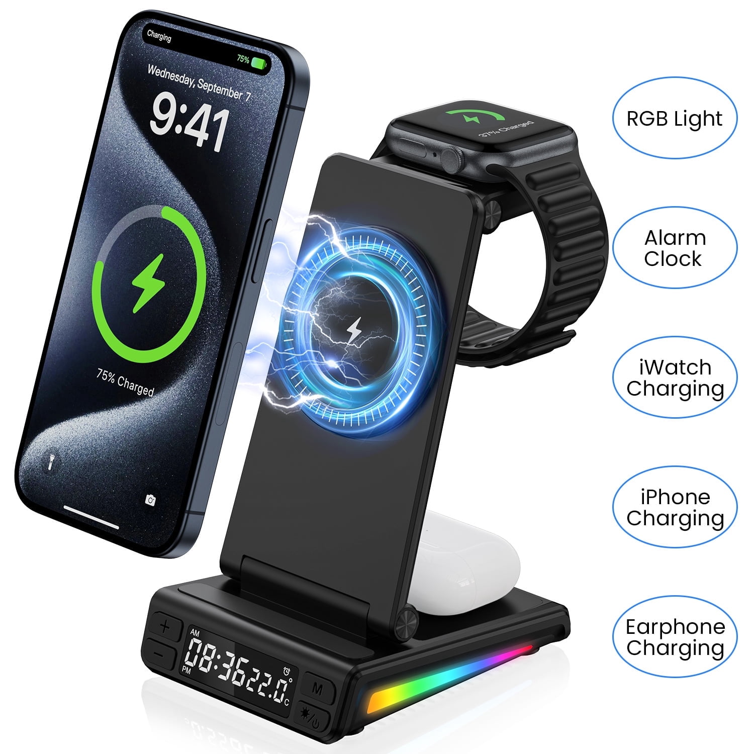 Wireless Charger,HopePow 5 in 1 Portable Fast Magnetic Wireless Charging Stand Dock Watch Charging Station for Multiple Devices FCC Approved