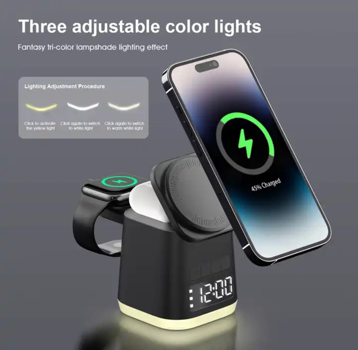 Wireless Charger- iPhone and Samsung with Alarm Clock, and Night Lights 6-in-1 The Latest 2024 Stylish